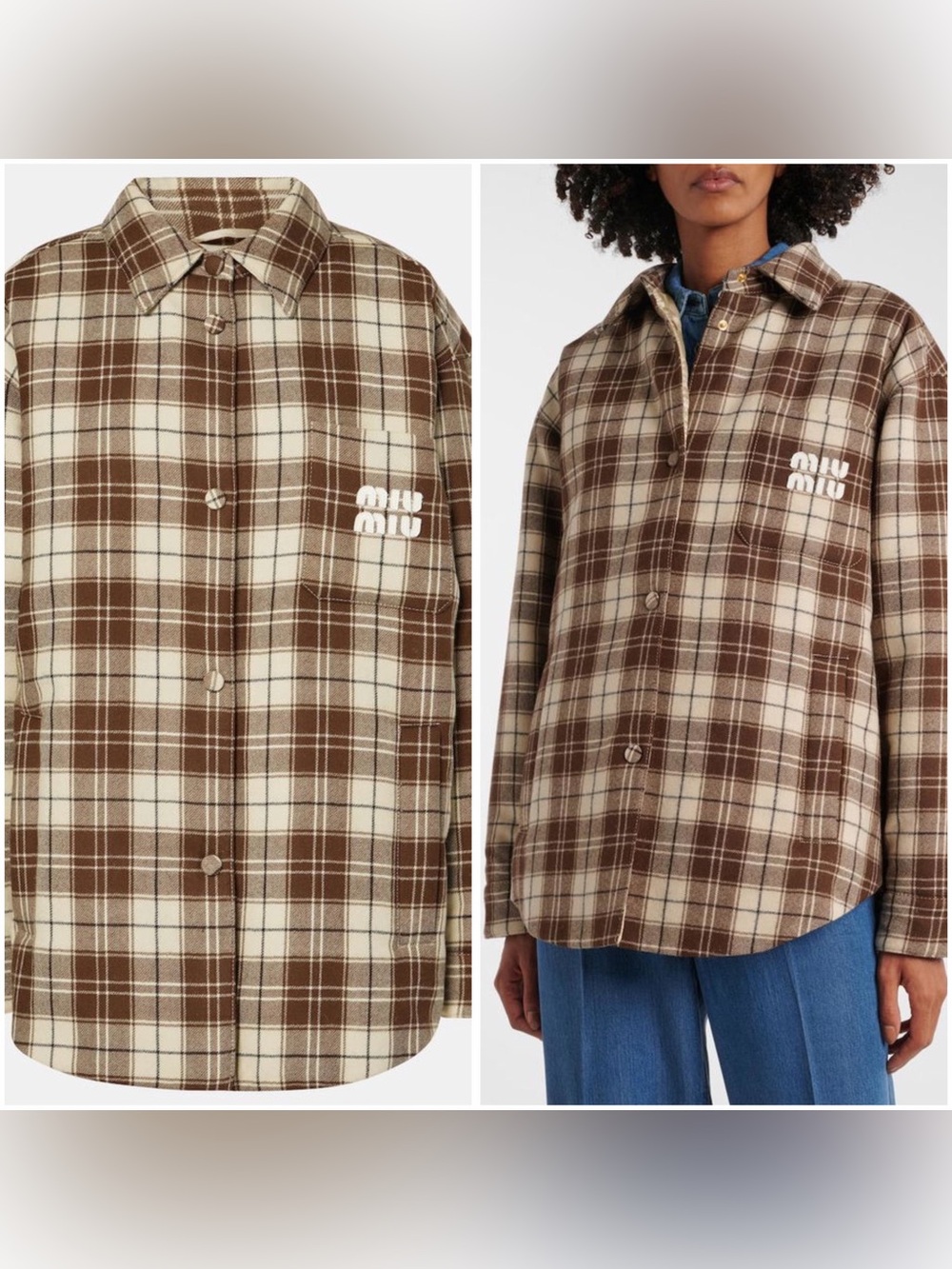 NWOT Miu Miu Brown & Cream Plaid Puffer Shirt Jacket, Size 38 = M